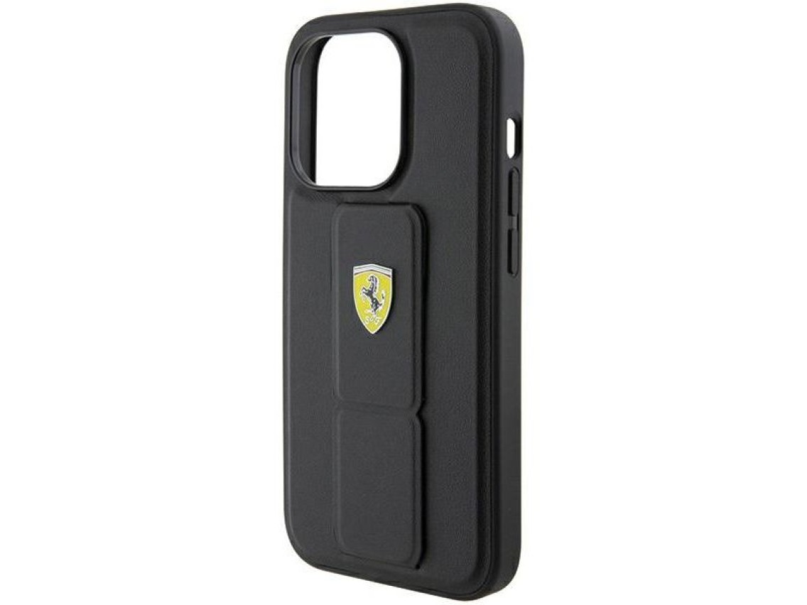 Capa Ferrari Grip Stand com logotipo metálico para iPhone 15 Pro Max - preta