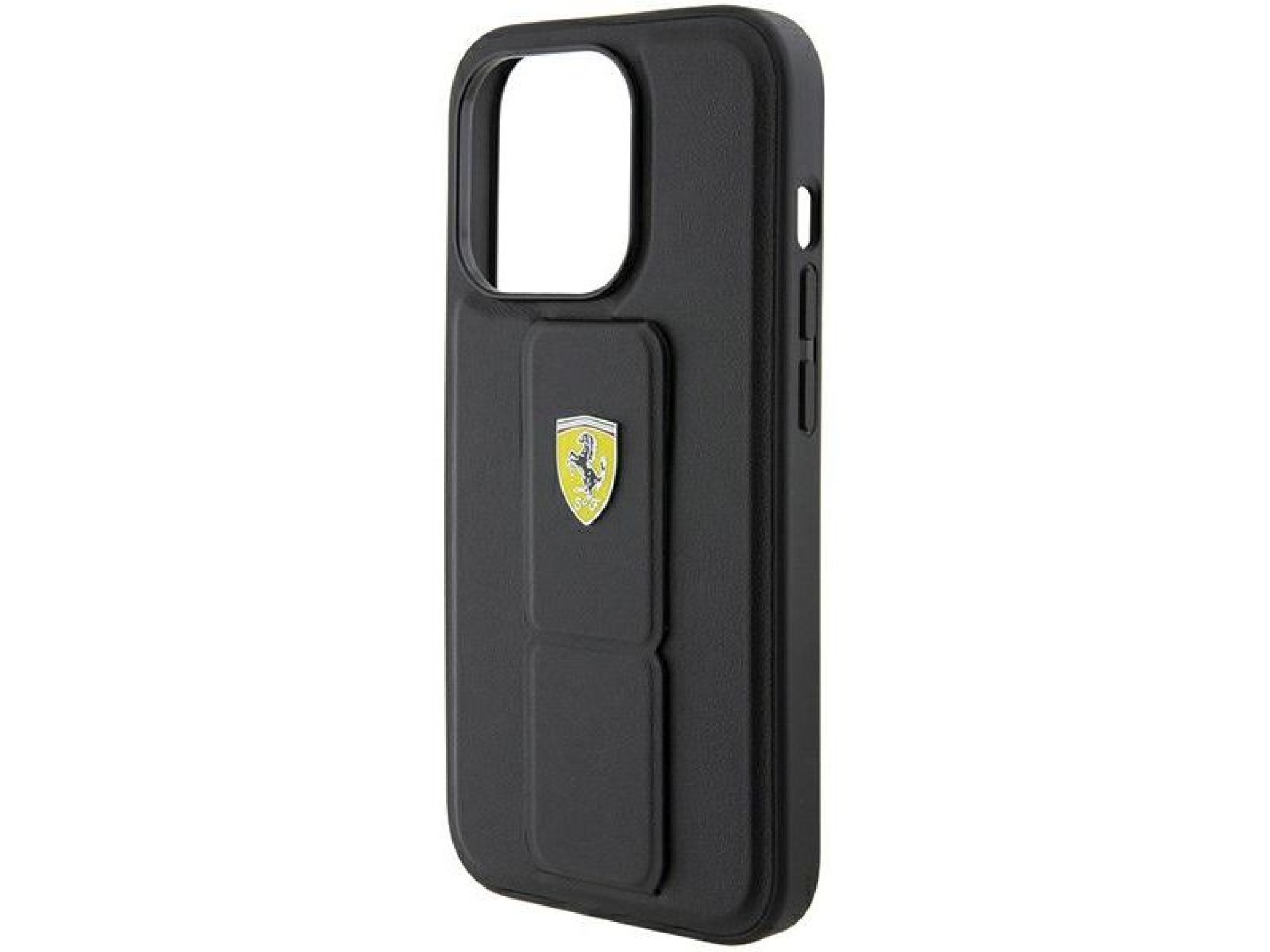 Capa Ferrari Grip Stand com logotipo metálico para iPhone 15 Pro Max - preta