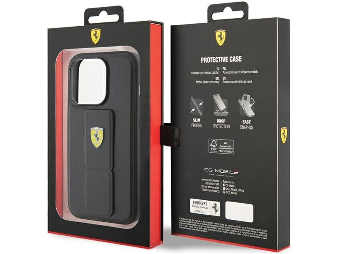 Capa Ferrari Grip Stand com logotipo metálico para iPhone 15 Pro Max - preta
