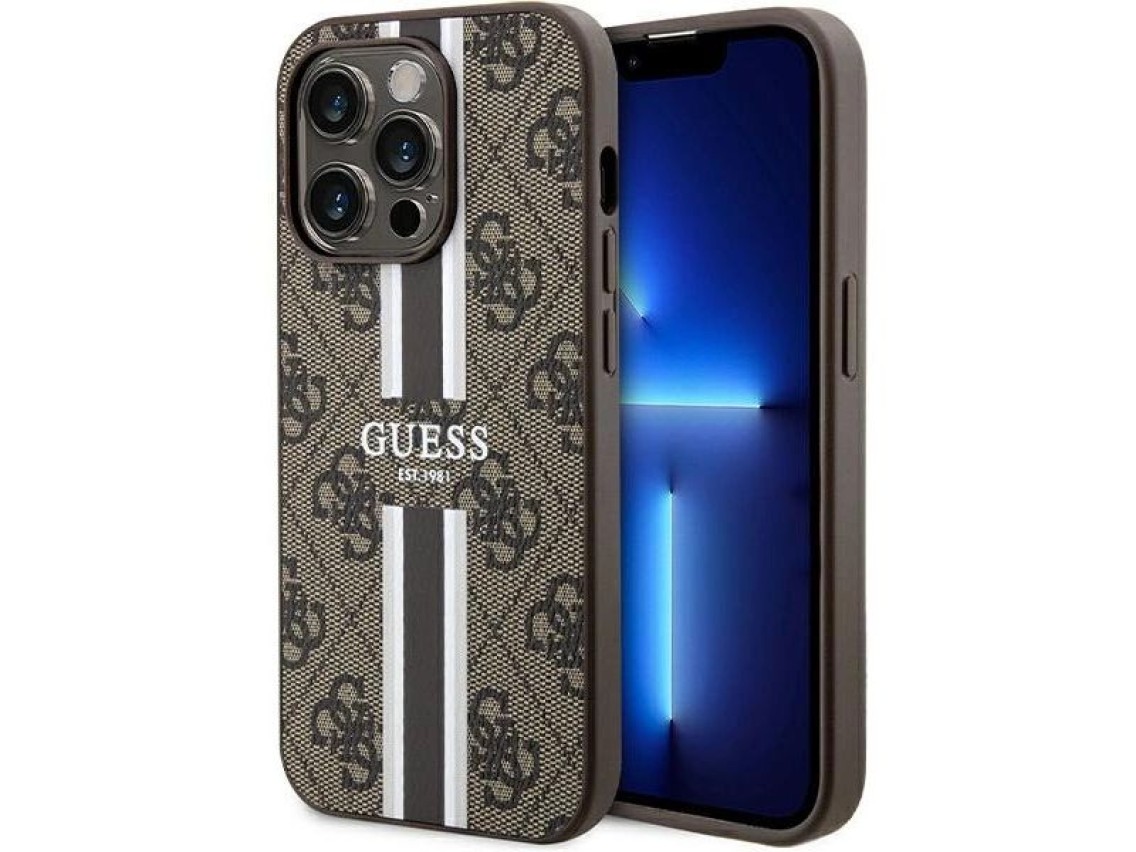 Capa Guess 4G com estampa de listras e MagSafe para iPhone 15 Pro - marrom