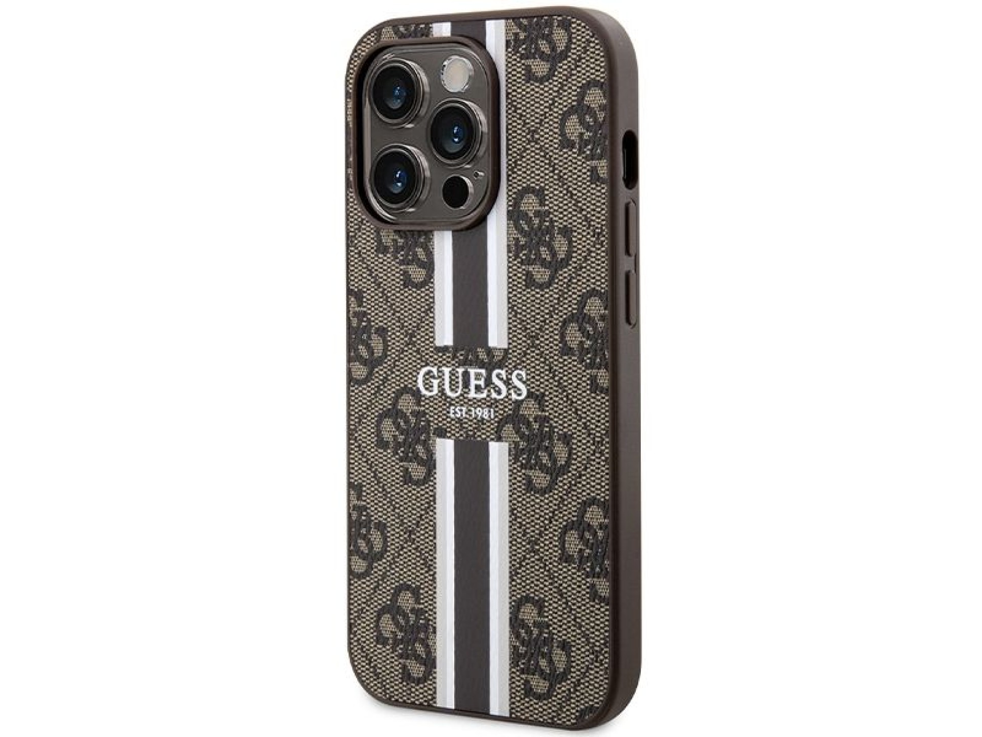 Capa Guess 4G com estampa de listras e MagSafe para iPhone 15 Pro - marrom