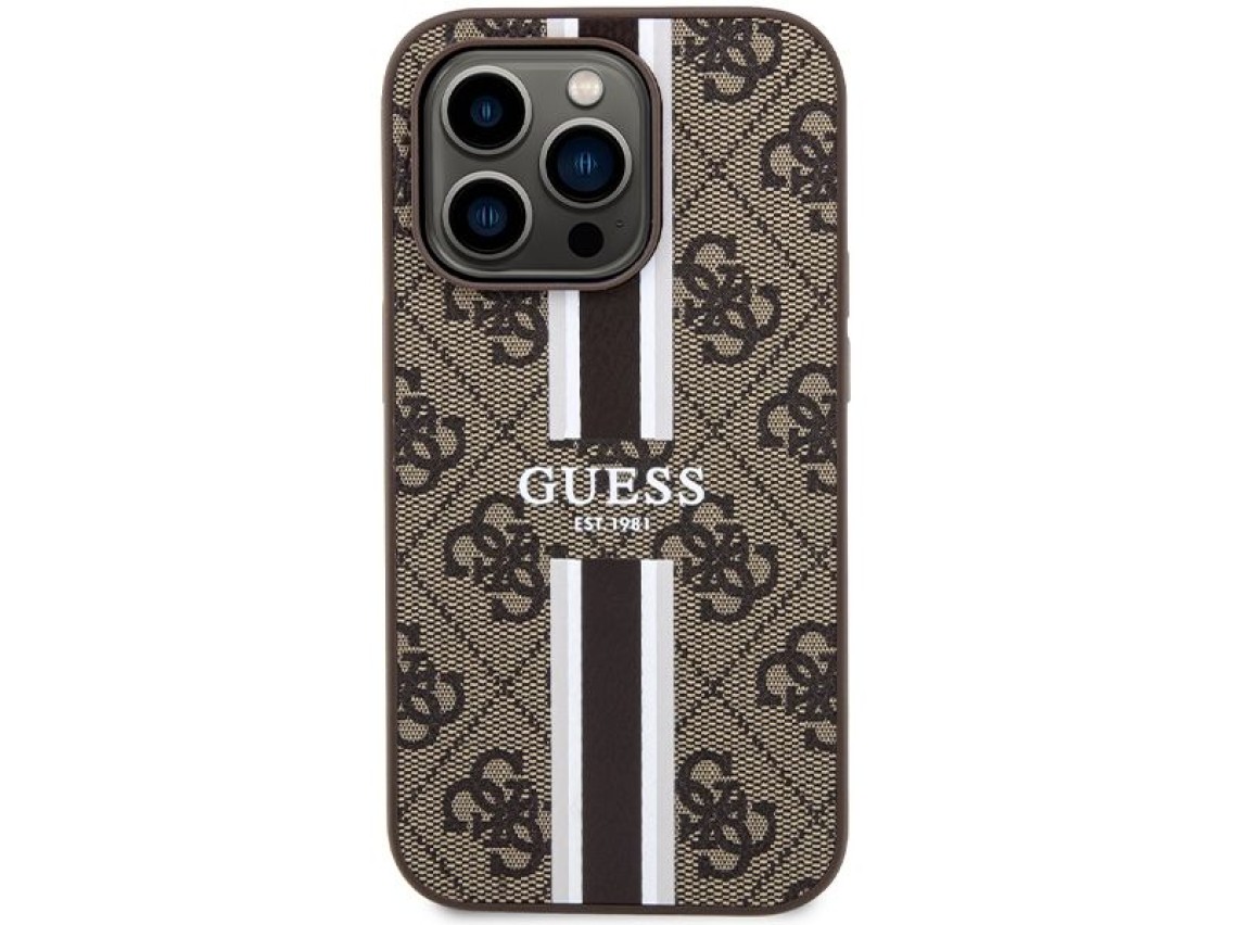 Capa Guess 4G com estampa de listras e MagSafe para iPhone 15 Pro - marrom