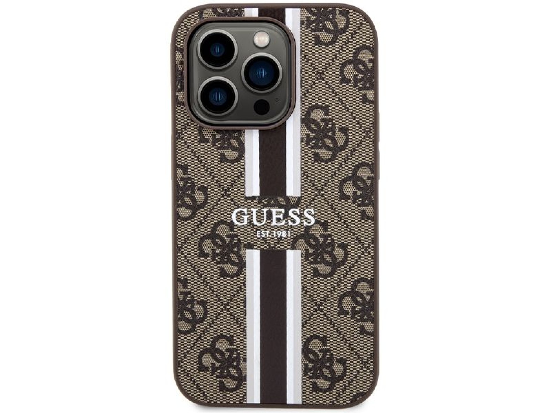 Capa Guess 4G com estampa de listras e MagSafe para iPhone 15 Pro - marrom