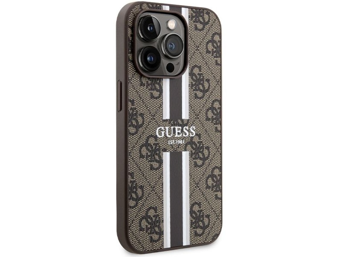Capa Guess 4G com estampa de listras e MagSafe para iPhone 15 Pro - marrom