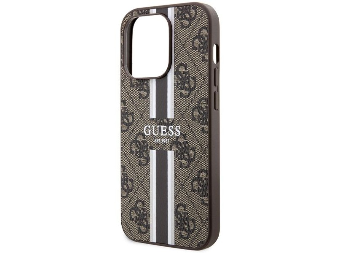 Capa Guess 4G com estampa de listras e MagSafe para iPhone 15 Pro - marrom