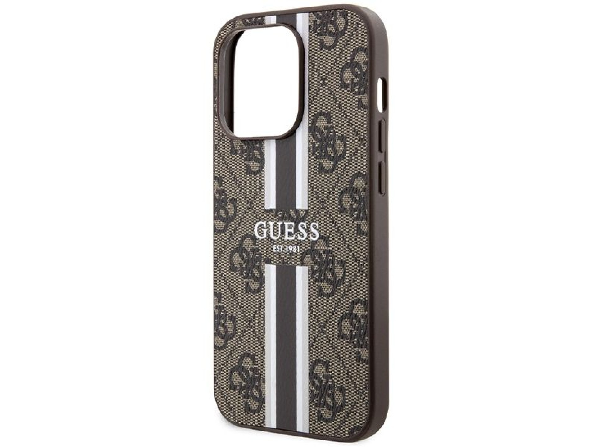 Capa Guess 4G com estampa de listras e MagSafe para iPhone 15 Pro - marrom
