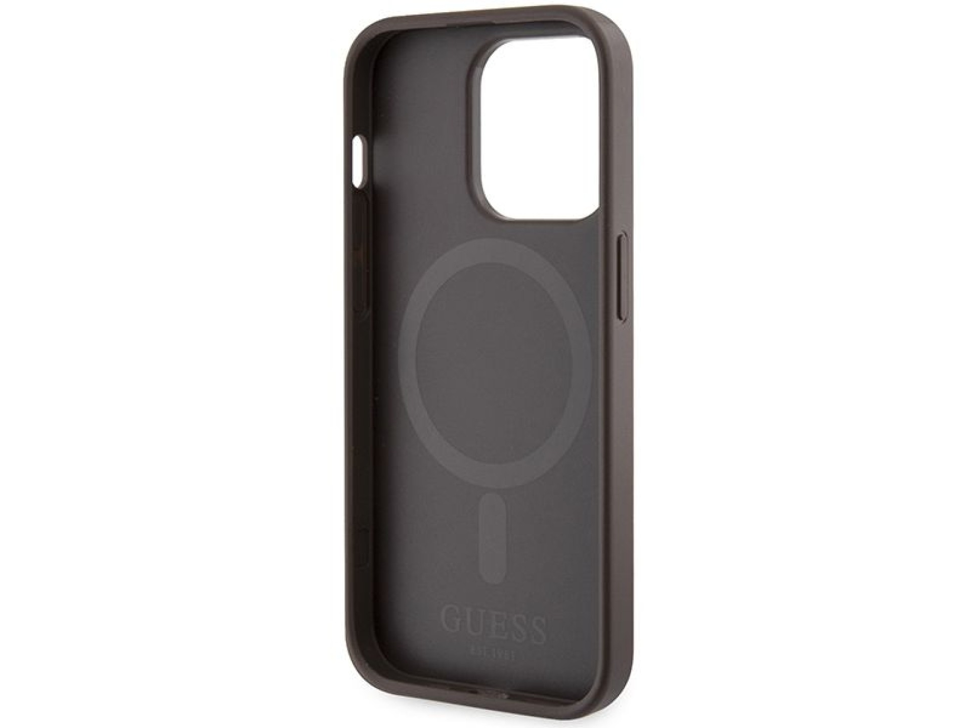 Capa Guess 4G com estampa de listras e MagSafe para iPhone 15 Pro - marrom