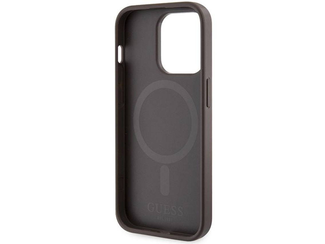 Capa Guess 4G com estampa de listras e MagSafe para iPhone 15 Pro - marrom