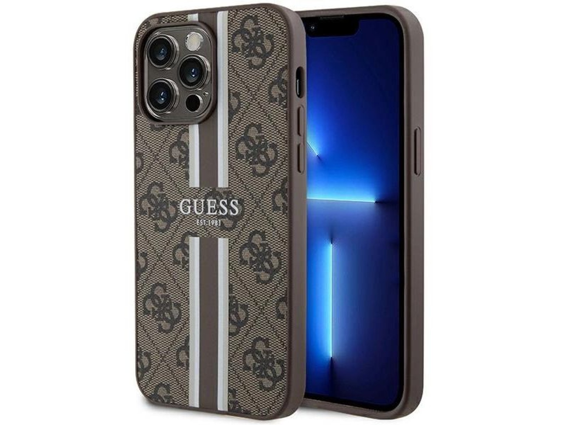 Funda Guess 4G con estampado de rayas y MagSafe para iPhone 15 Pro Max - marrón