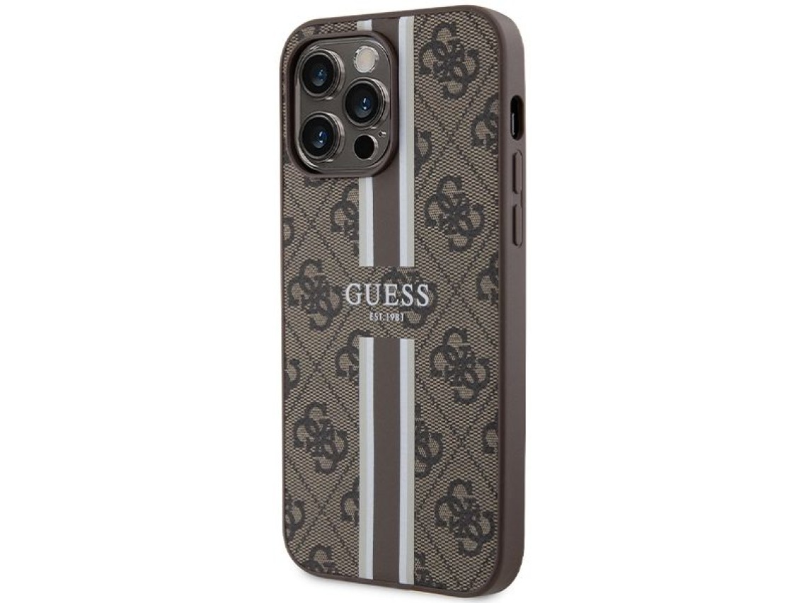 Funda Guess 4G con estampado de rayas y MagSafe para iPhone 15 Pro Max - marrón