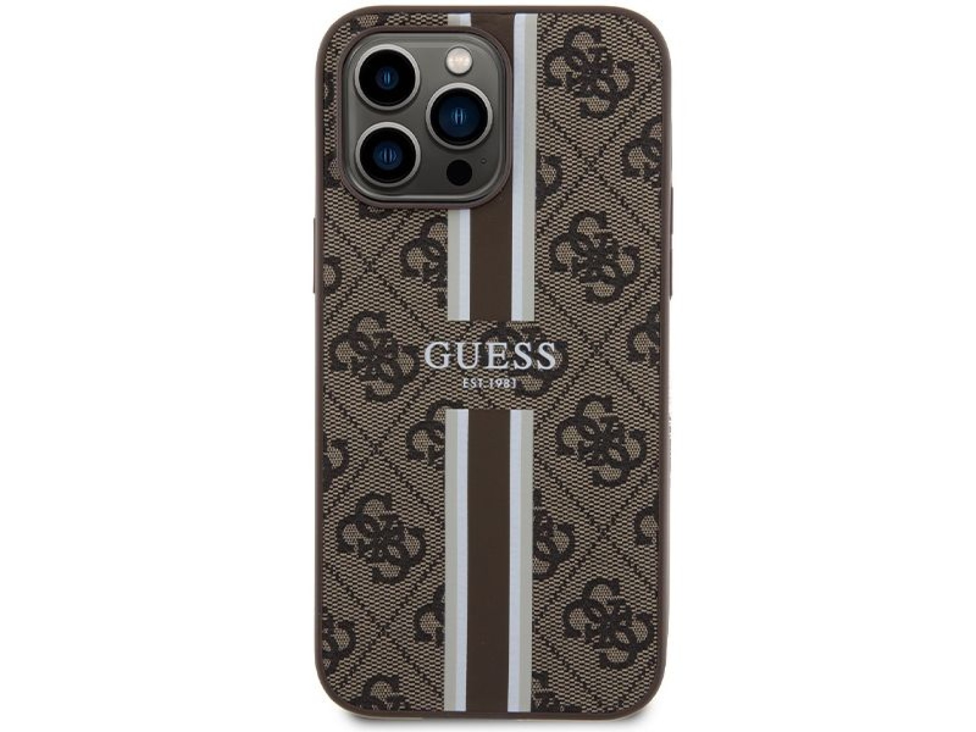 Funda Guess 4G con estampado de rayas y MagSafe para iPhone 15 Pro Max - marrón