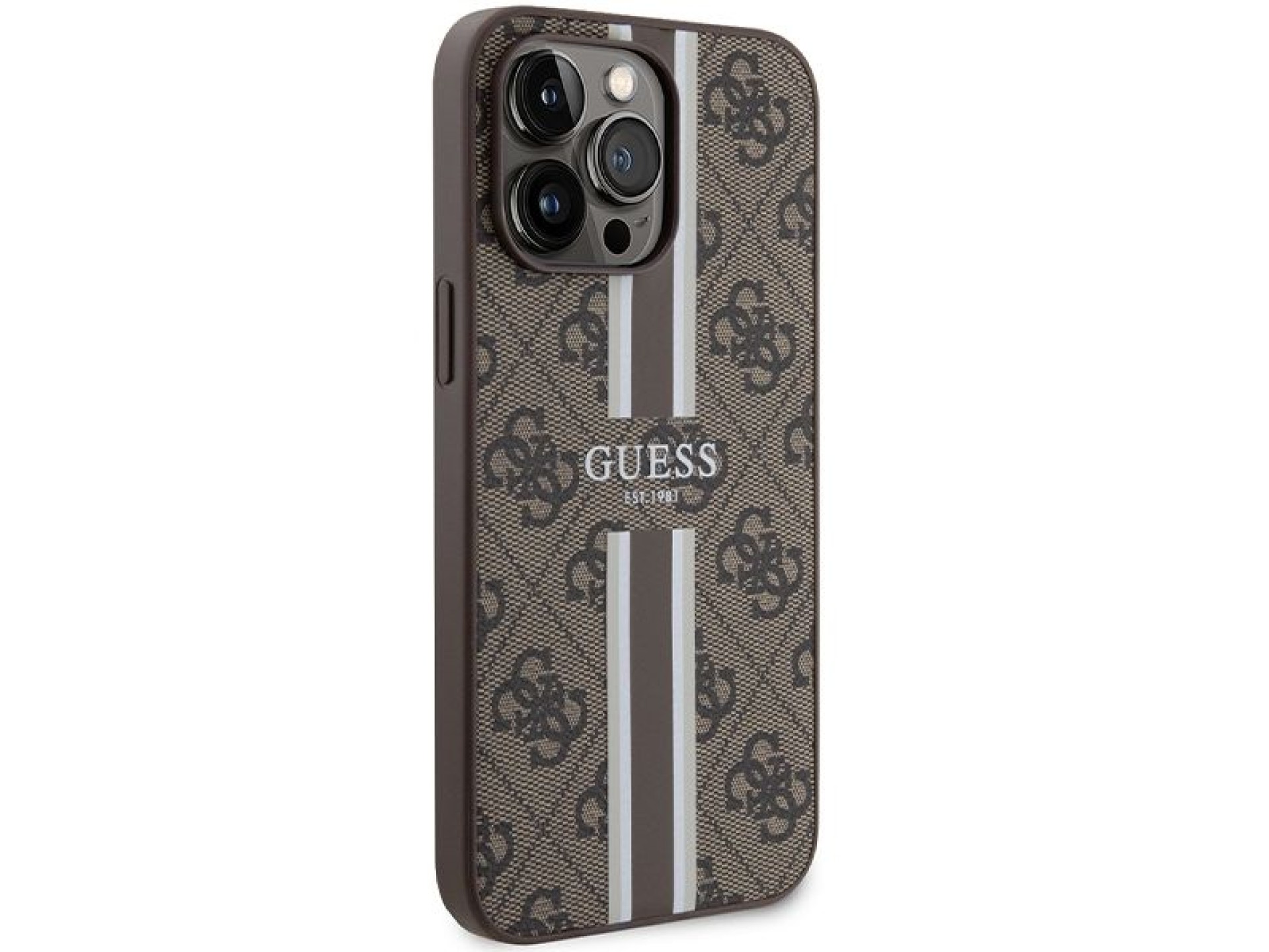 Funda Guess 4G con estampado de rayas y MagSafe para iPhone 15 Pro Max - marrón