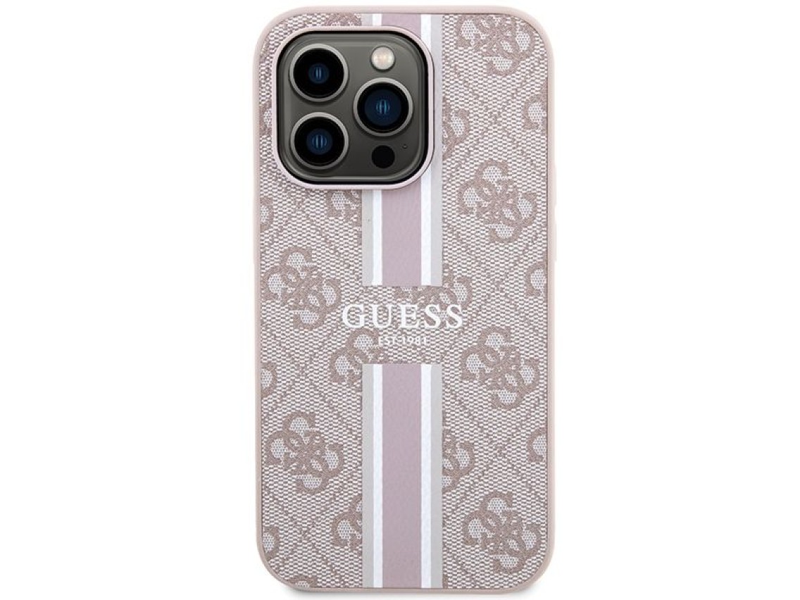 Capa Guess 4G com estampa de listras e MagSafe para iPhone 15 Pro - rosa