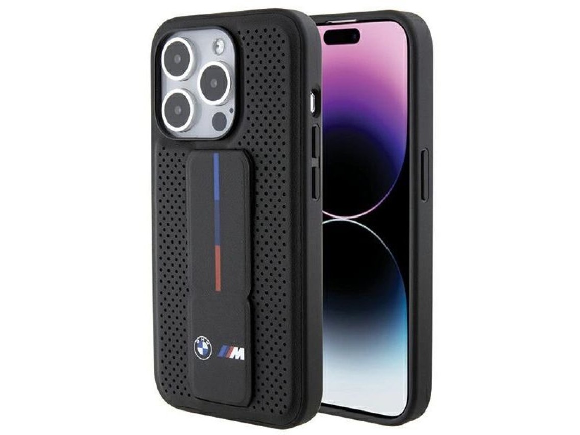 Capa BMW Grip Stand Smooth & Perforated para iPhone 15 Pro - preta