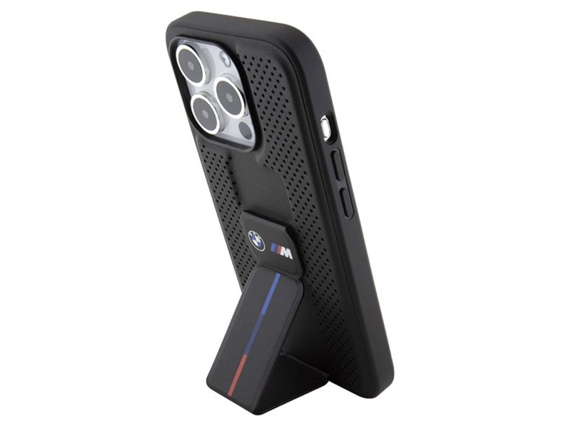 Capa BMW Grip Stand Smooth & Perforated para iPhone 15 Pro - preta