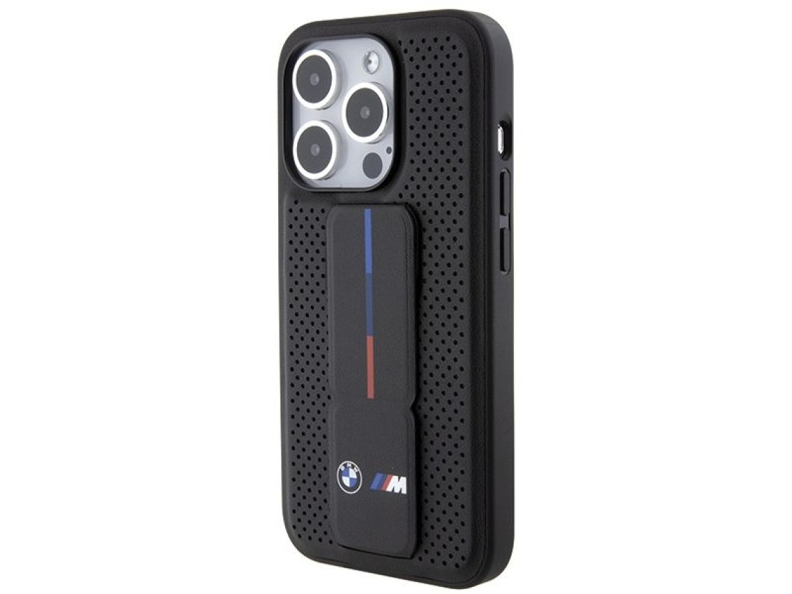 Capa BMW Grip Stand Smooth & Perforated para iPhone 15 Pro - preta