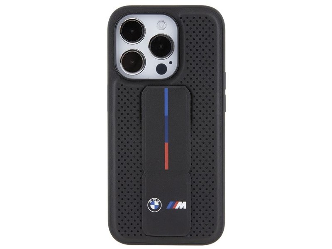 Capa BMW Grip Stand Smooth & Perforated para iPhone 15 Pro - preta