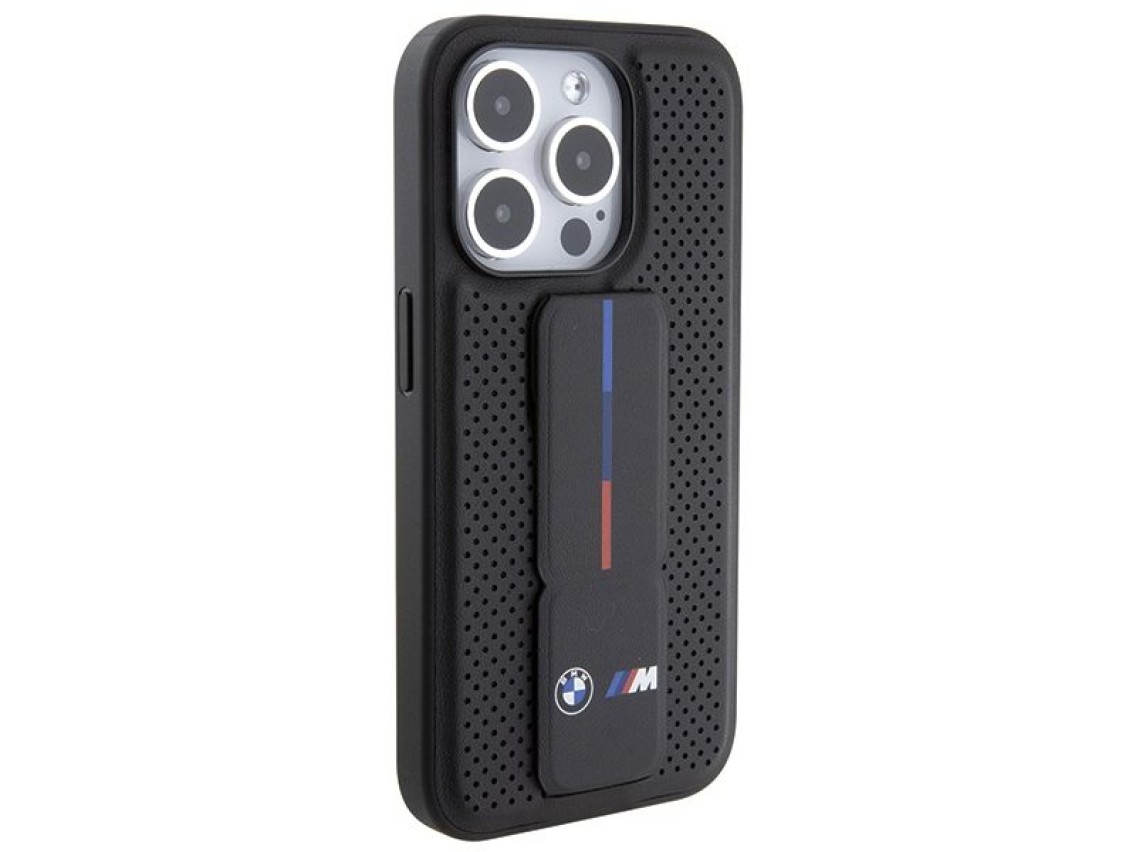 Capa BMW Grip Stand Smooth & Perforated para iPhone 15 Pro - preta