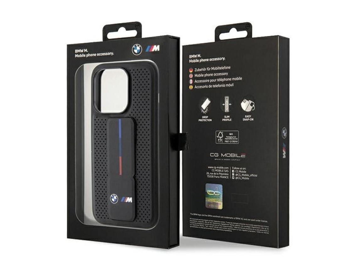 Capa BMW Grip Stand Smooth & Perforated para iPhone 15 Pro - preta