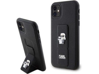 Karl Lagerfeld Gripstand Saffiano Karl&Choupette Pins case for iPhone 11 / Xr - black Karl Lagerfeld Gripstand Saffiano Karl&Choupette Pins case for iPhone 11 / Xr - black
