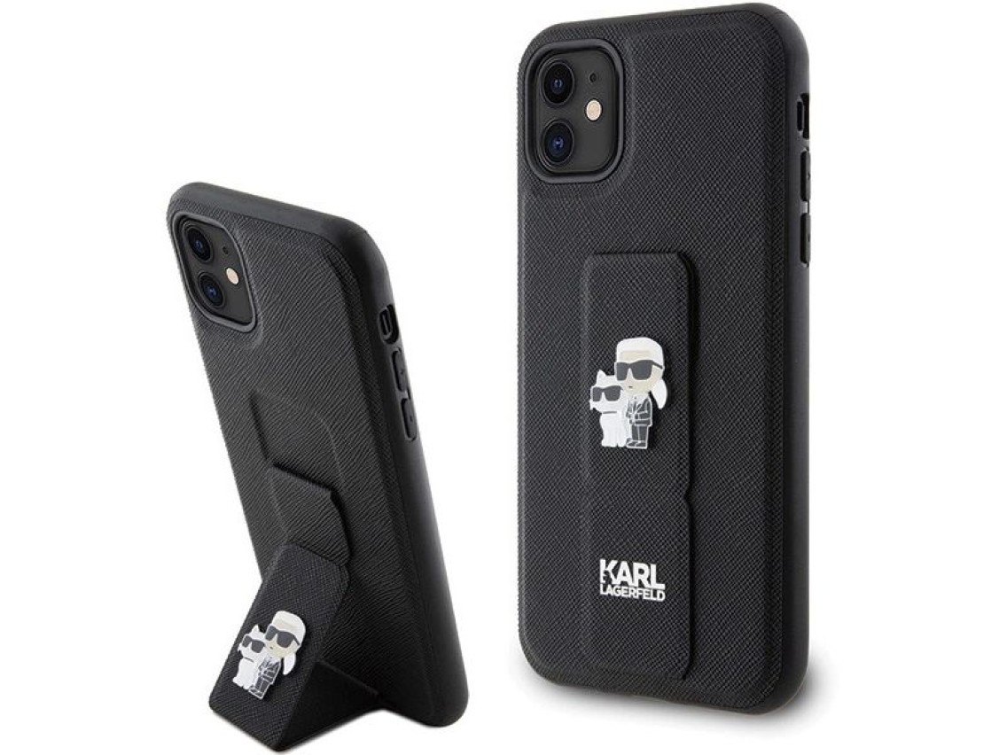 Funda Karl Lagerfeld Gripstand Saffiano Karl&Choupette Pins para iPhone 11 / Xr - negra