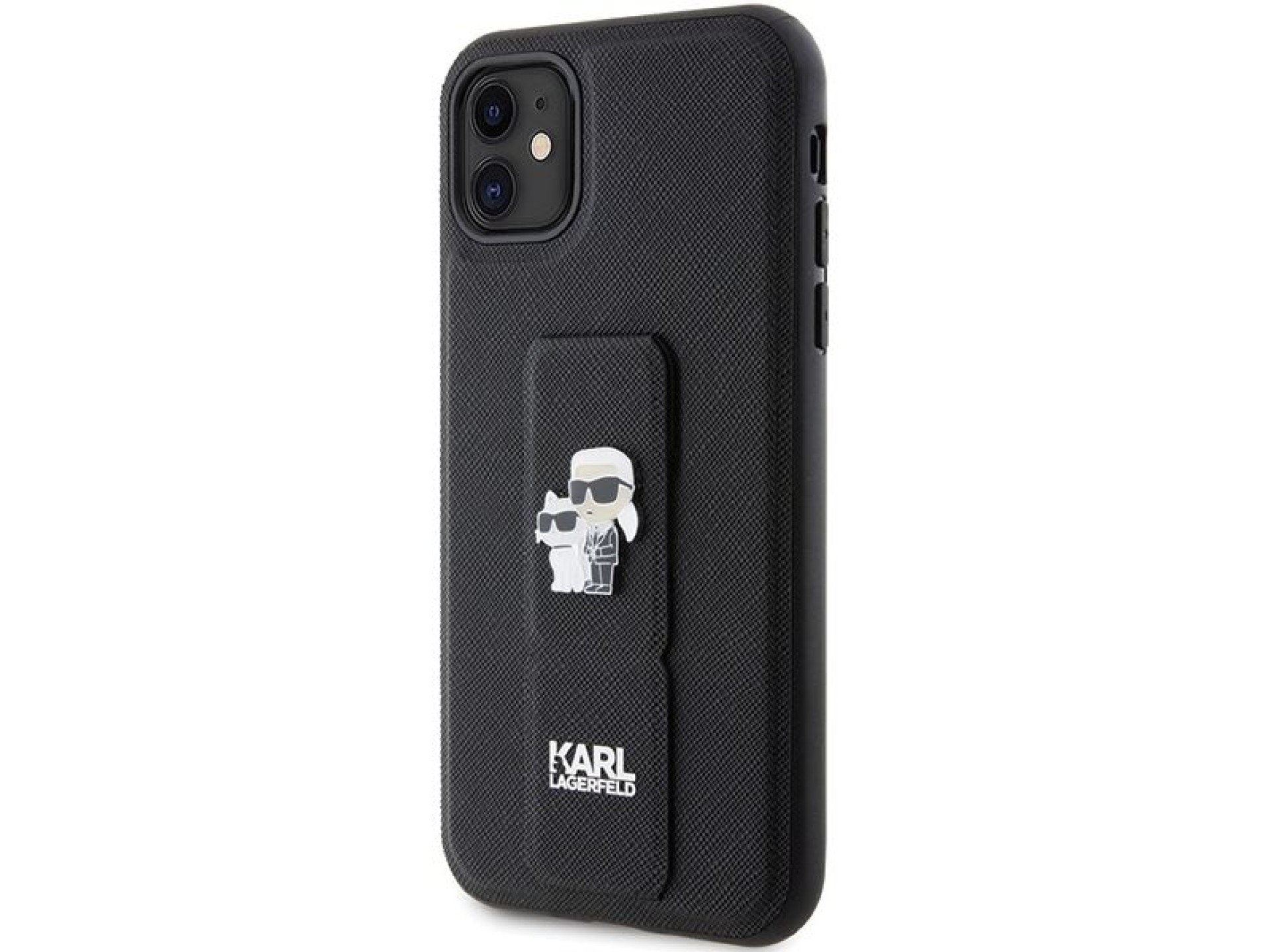 Funda Karl Lagerfeld Gripstand Saffiano Karl&Choupette Pins para iPhone 11 / Xr - negra