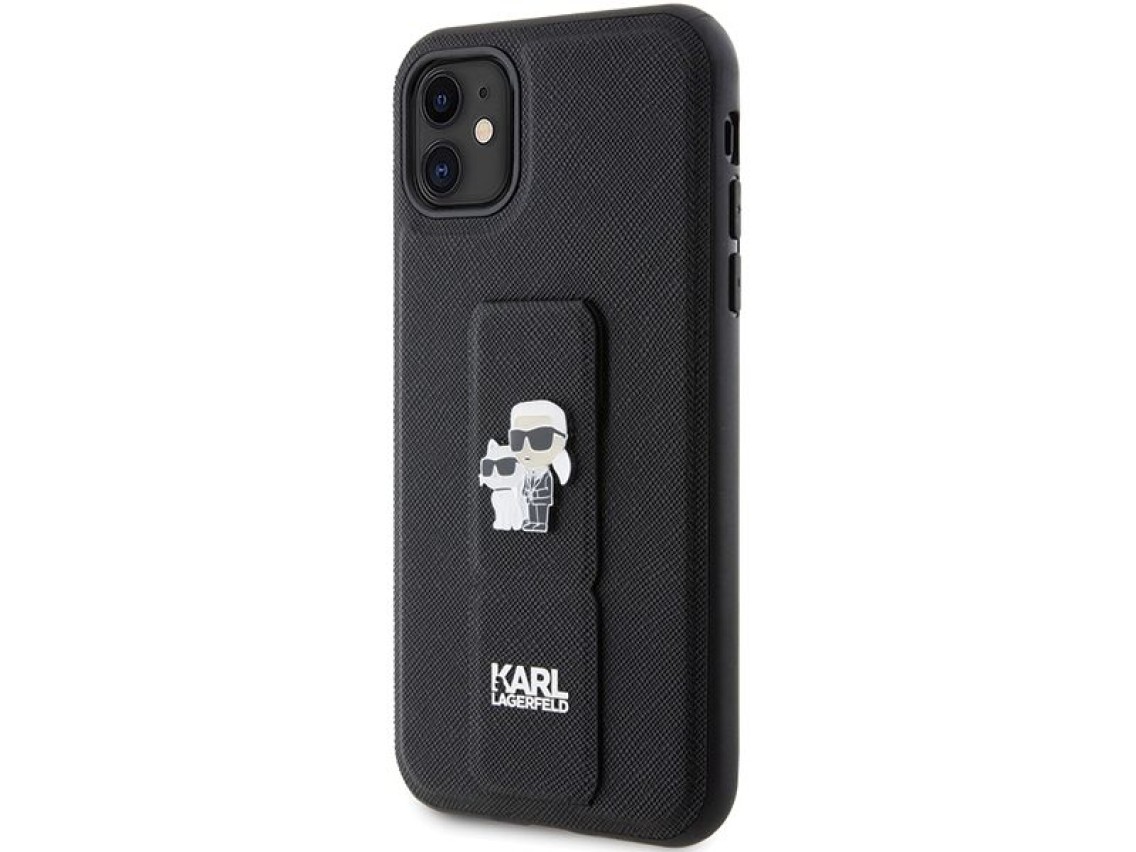 Funda Karl Lagerfeld Gripstand Saffiano Karl&Choupette Pins para iPhone 11 / Xr - negra