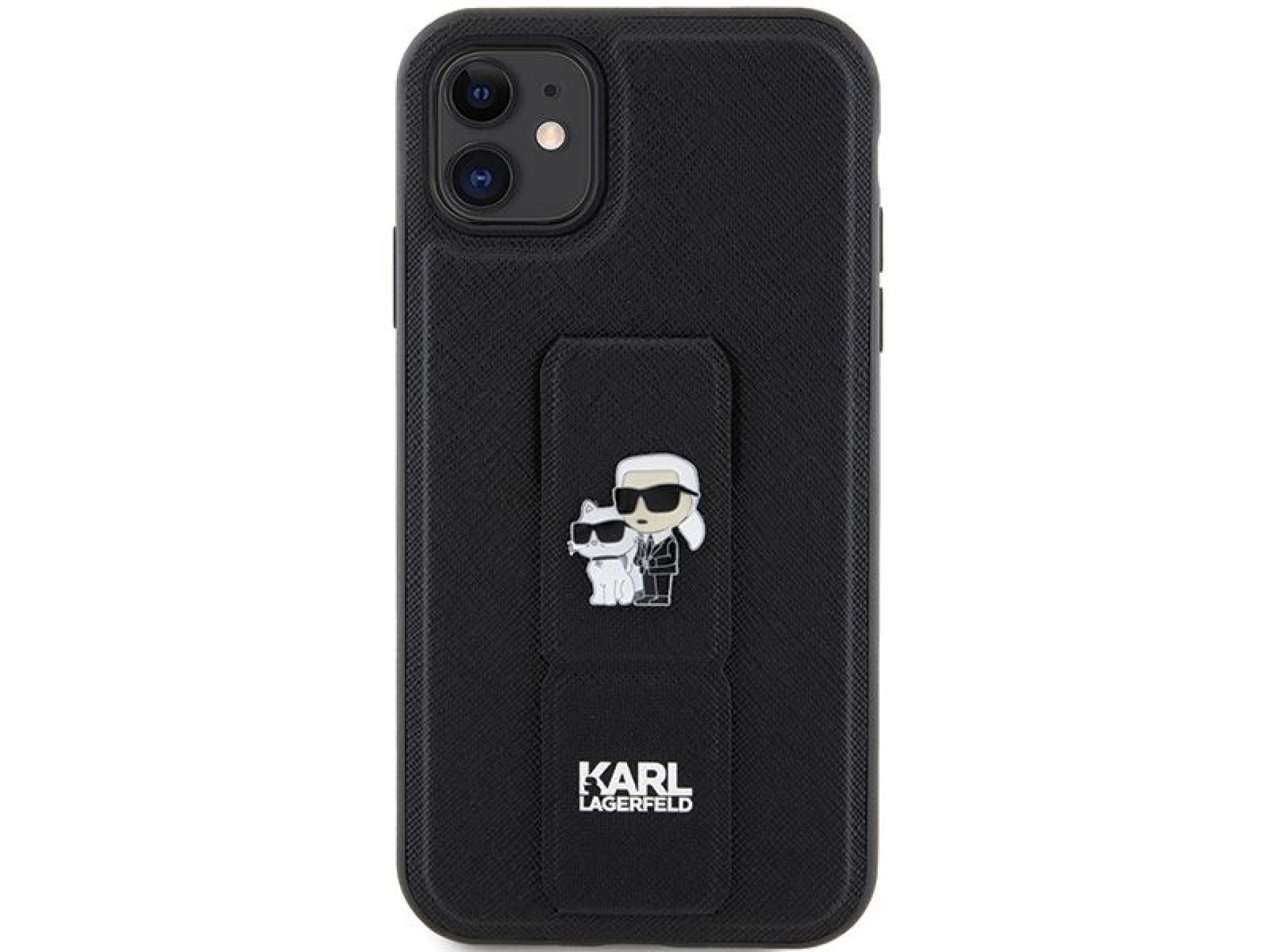 Funda Karl Lagerfeld Gripstand Saffiano Karl&Choupette Pins para iPhone 11 / Xr - negra
