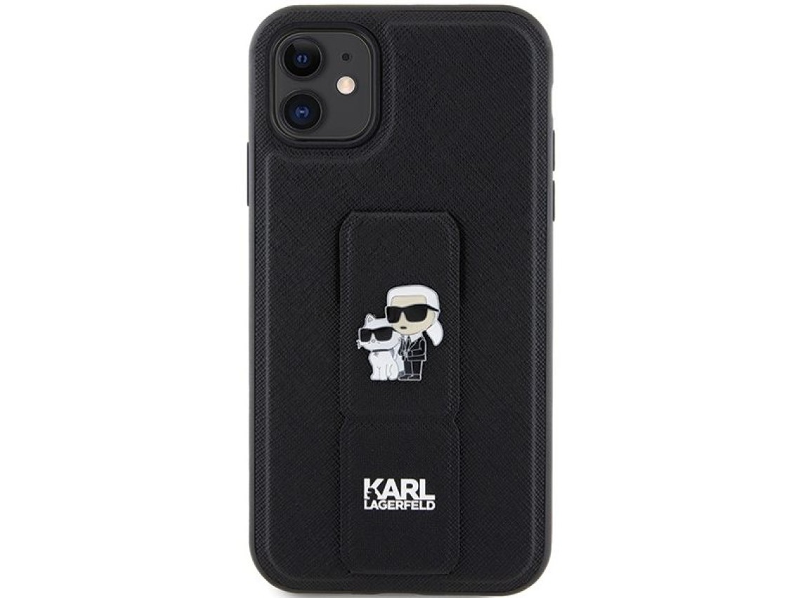 Funda Karl Lagerfeld Gripstand Saffiano Karl&Choupette Pins para iPhone 11 / Xr - negra