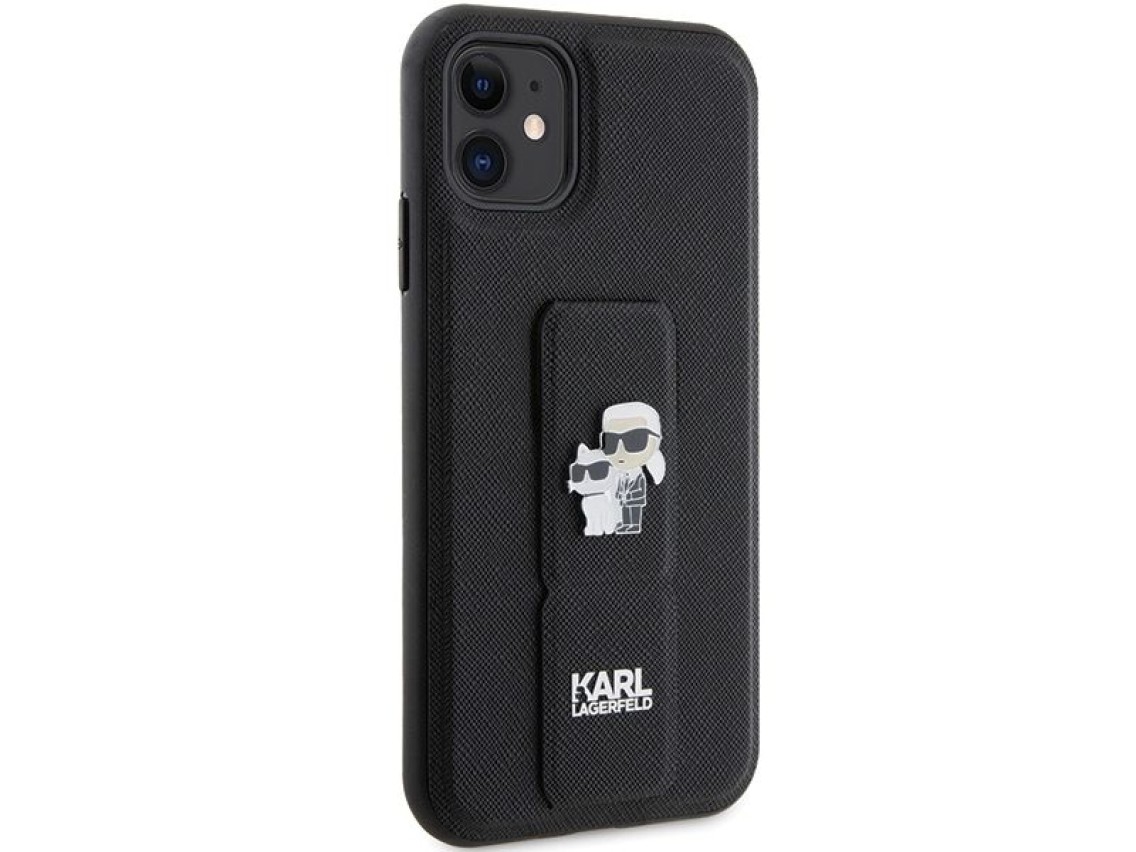 Funda Karl Lagerfeld Gripstand Saffiano Karl&Choupette Pins para iPhone 11 / Xr - negra