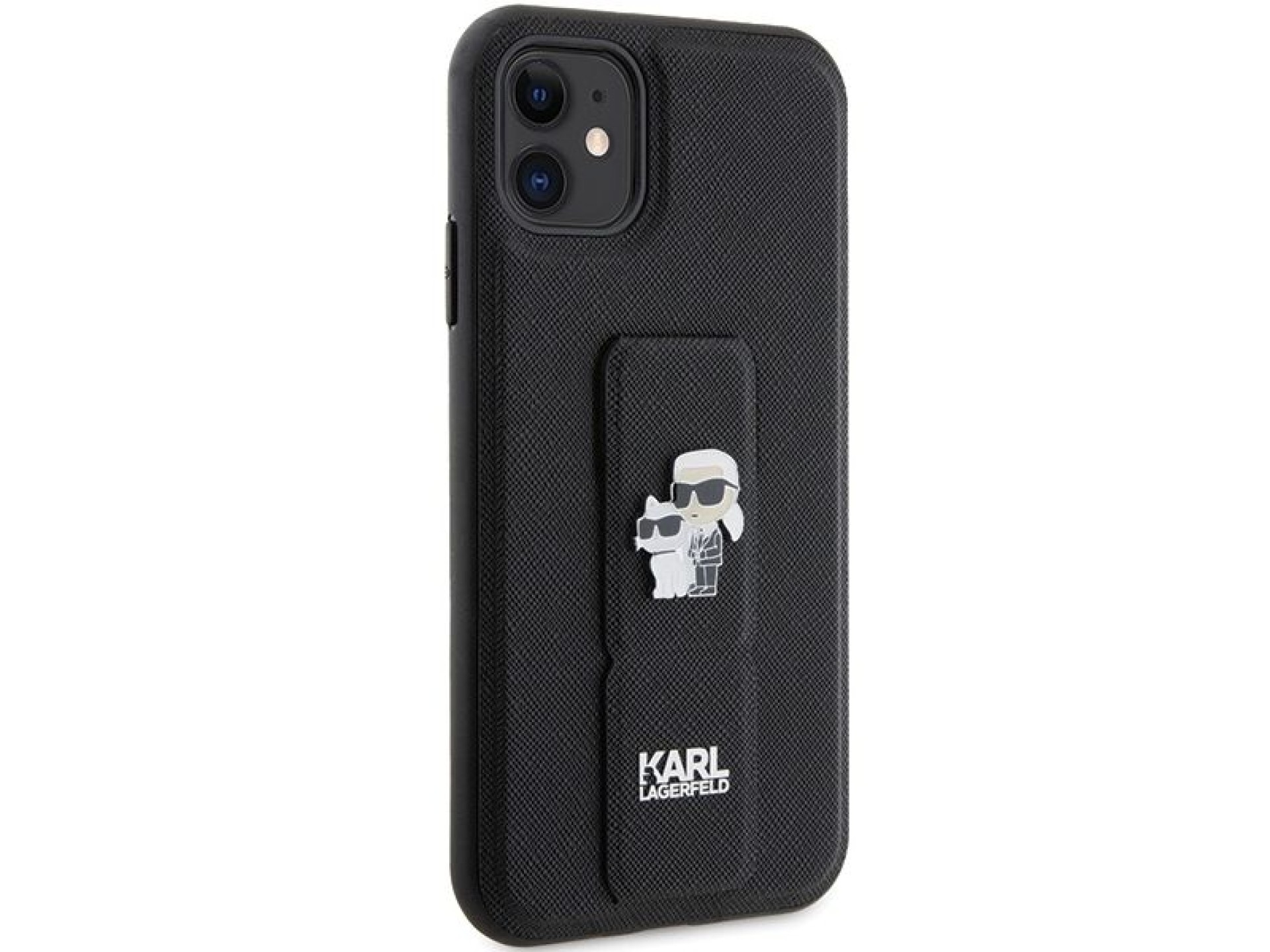 Funda Karl Lagerfeld Gripstand Saffiano Karl&Choupette Pins para iPhone 11 / Xr - negra