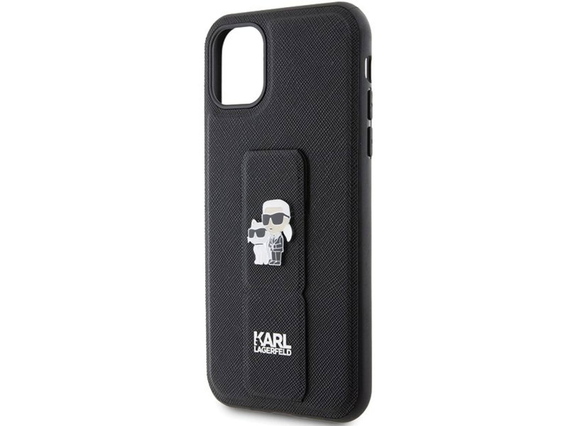 Funda Karl Lagerfeld Gripstand Saffiano Karl&Choupette Pins para iPhone 11 / Xr - negra