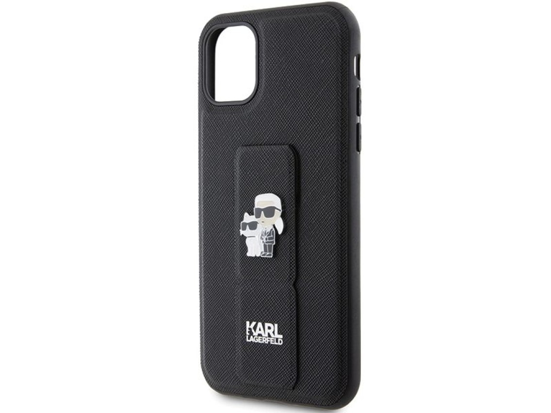 Funda Karl Lagerfeld Gripstand Saffiano Karl&Choupette Pins para iPhone 11 / Xr - negra