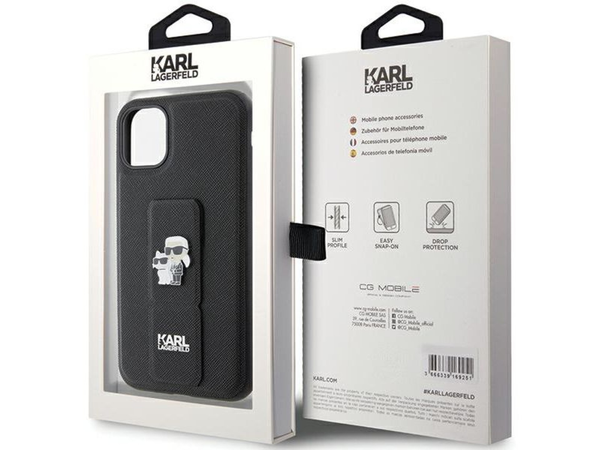 Funda Karl Lagerfeld Gripstand Saffiano Karl&Choupette Pins para iPhone 11 / Xr - negra