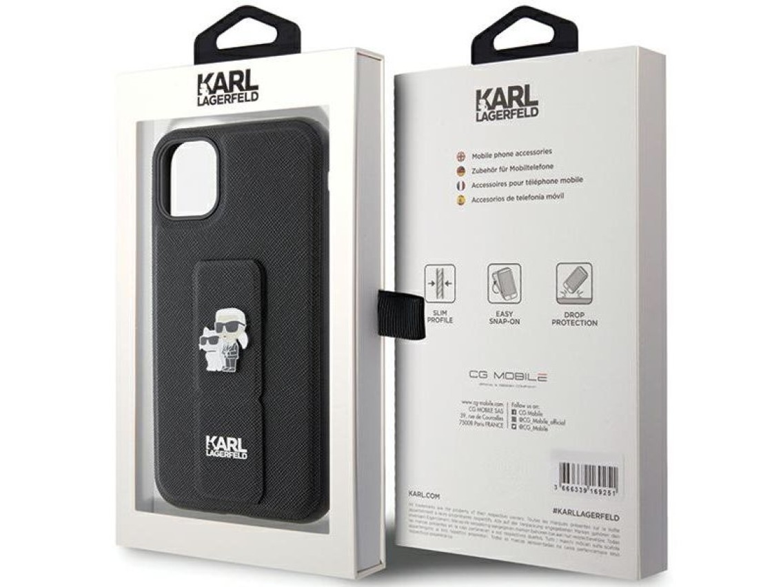 Funda Karl Lagerfeld Gripstand Saffiano Karl&Choupette Pins para iPhone 11 / Xr - negra