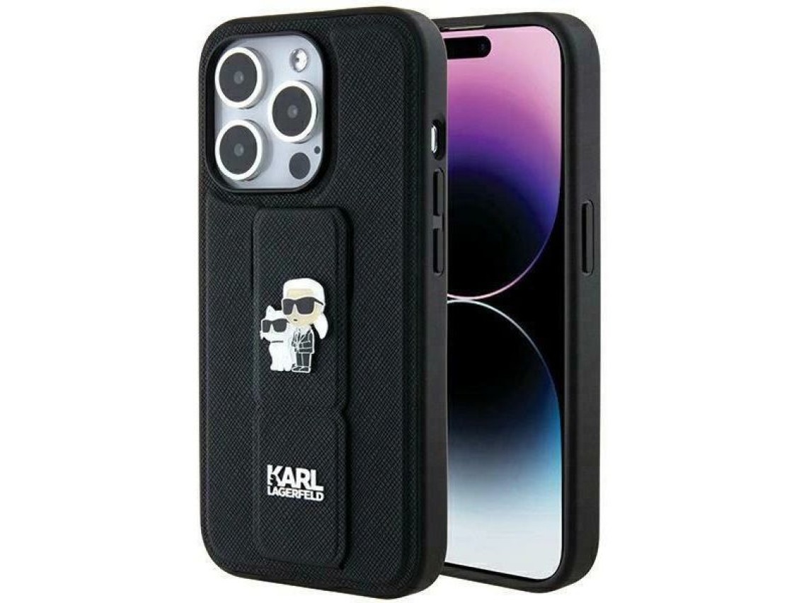 Karl Lagerfeld Gripstand Saffiano Karl&Choupette Pins case for iPhone 13 Pro / 13 - black