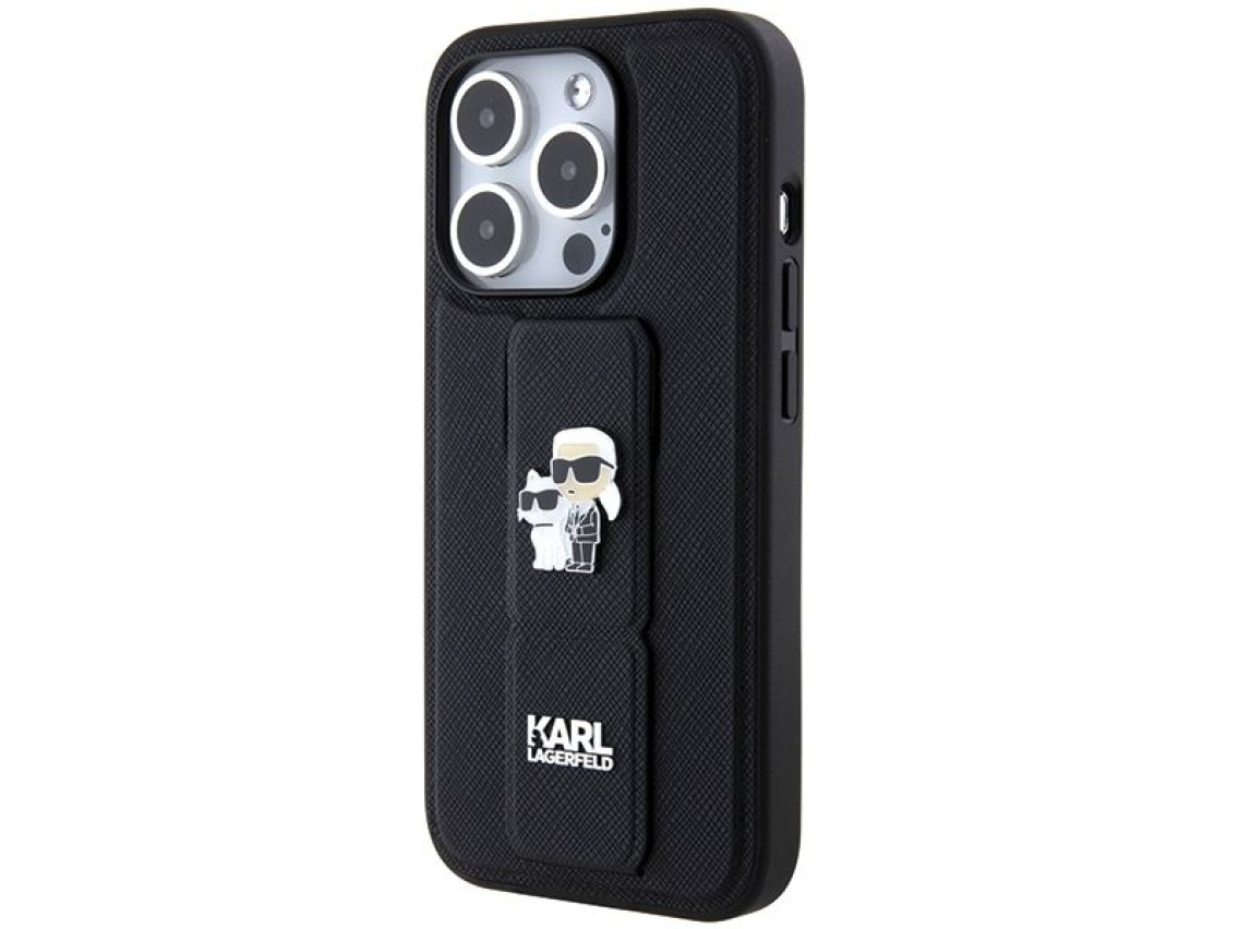 Karl Lagerfeld Gripstand Saffiano Karl&Choupette Pins case for iPhone 13 Pro / 13 - black