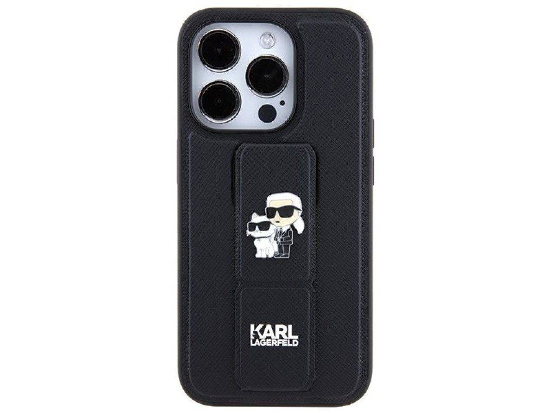 Karl Lagerfeld Gripstand Saffiano Karl&Choupette Pins case for iPhone 13 Pro / 13 - black