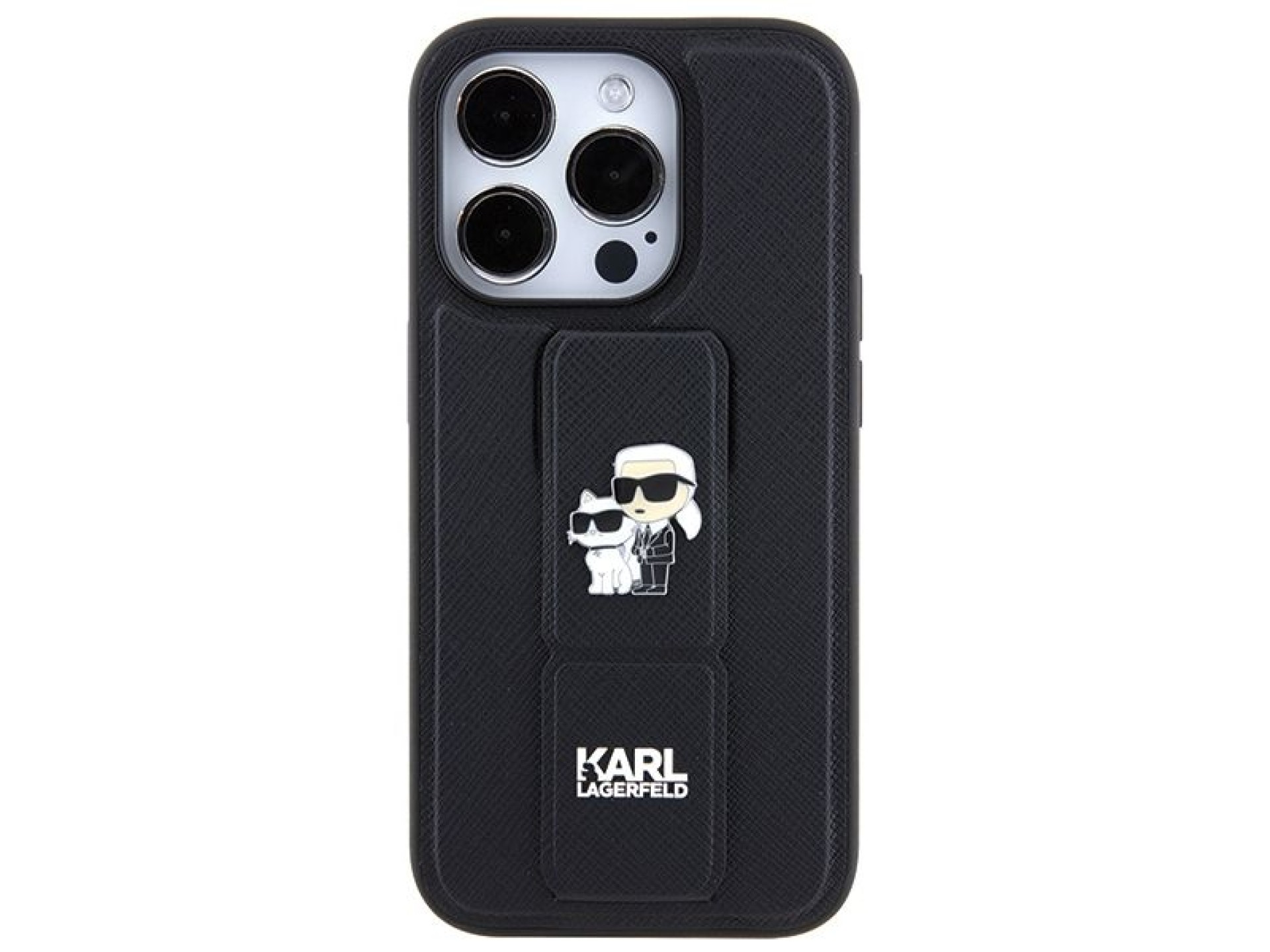 Karl Lagerfeld Gripstand Saffiano Karl&Choupette Pins case for iPhone 13 Pro / 13 - black