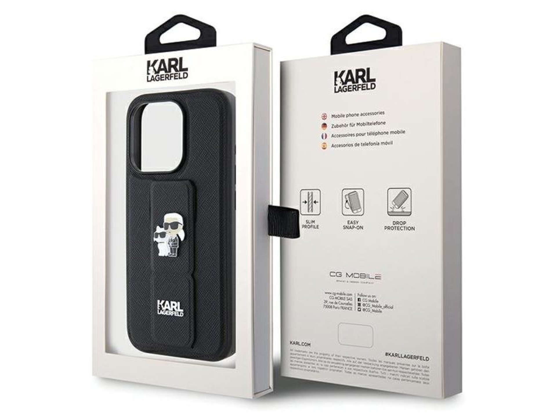 Karl Lagerfeld Gripstand Saffiano Karl&Choupette Pins case for iPhone 13 Pro / 13 - black