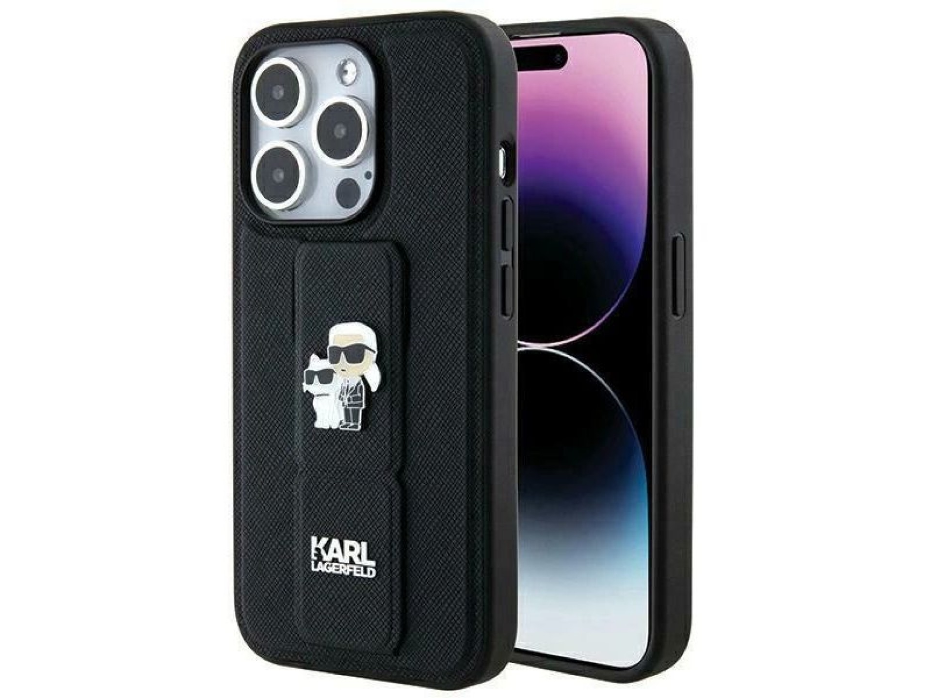Karl Lagerfeld Gripstand Saffiano Karl&Choupette Pins case for iPhone 14 Pro - black