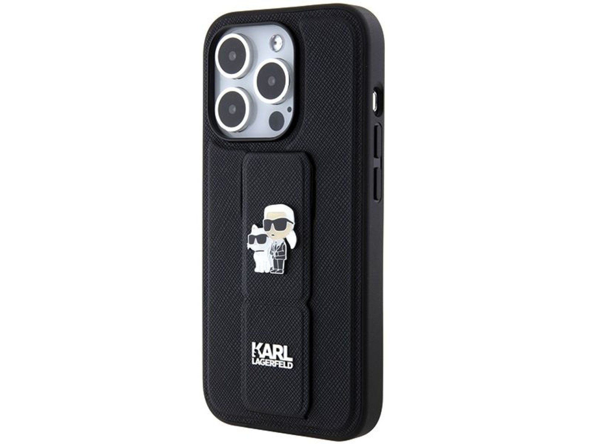 Karl Lagerfeld Gripstand Saffiano Karl&Choupette Pins case for iPhone 14 Pro - black