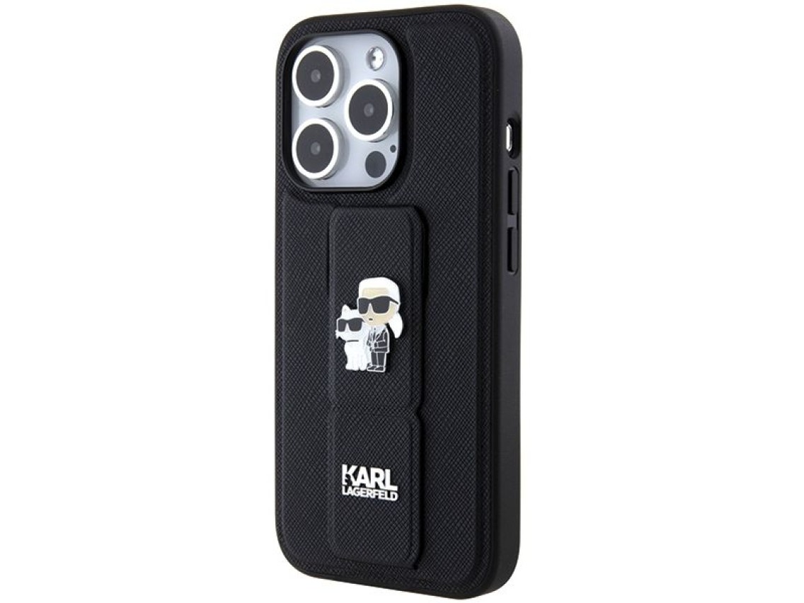 Karl Lagerfeld Gripstand Saffiano Karl&Choupette Pins case for iPhone 14 Pro - black