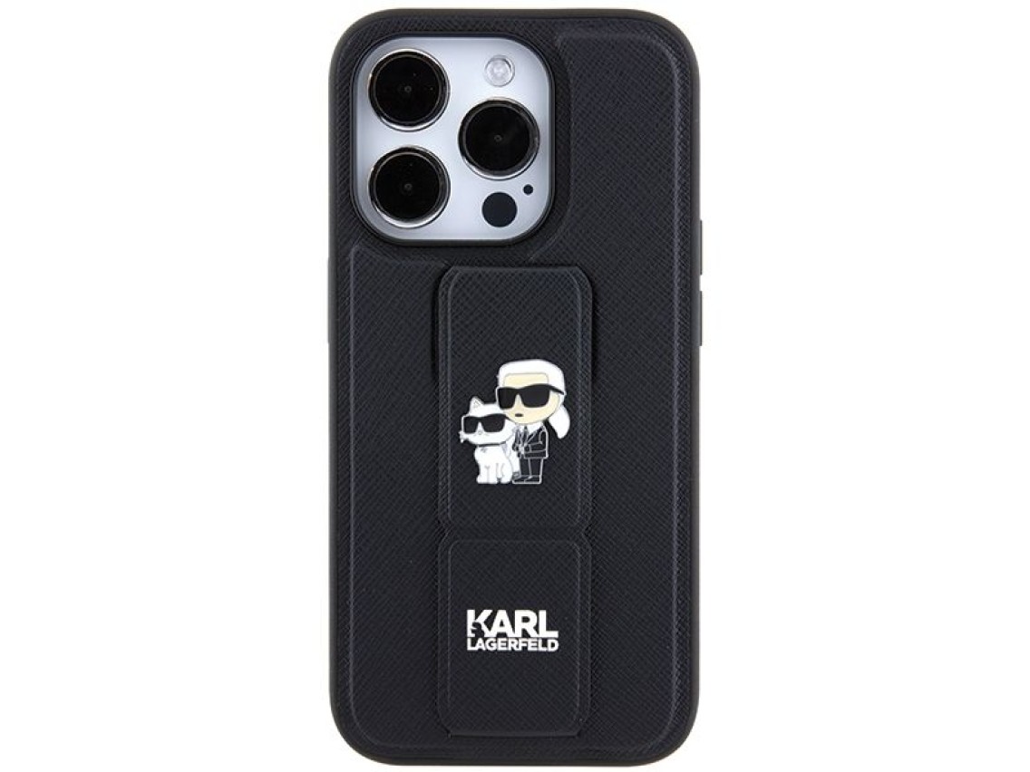 Karl Lagerfeld Gripstand Saffiano Karl&Choupette Pins case for iPhone 14 Pro - black