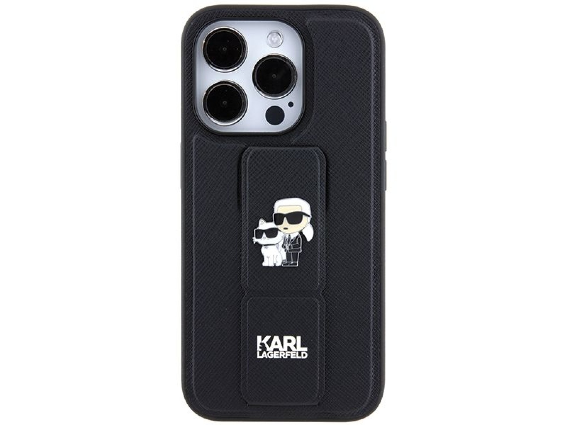 Karl Lagerfeld Gripstand Saffiano Karl&Choupette Pins case for iPhone 14 Pro - black