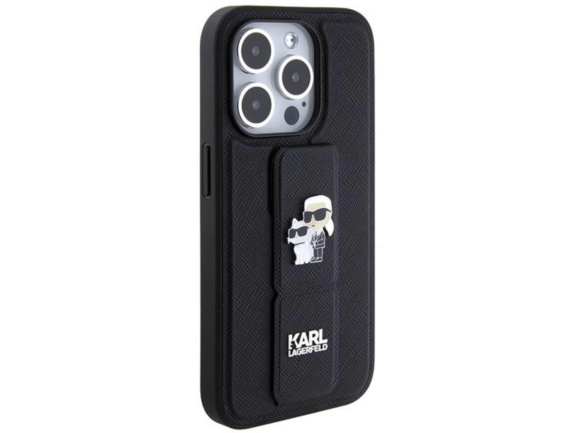 Karl Lagerfeld Gripstand Saffiano Karl&Choupette Pins case for iPhone 14 Pro - black