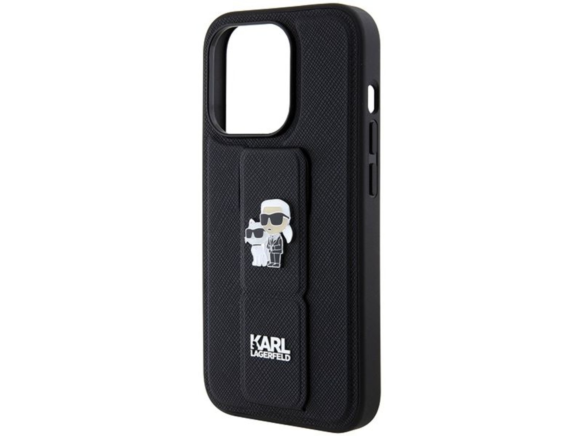 Karl Lagerfeld Gripstand Saffiano Karl&Choupette Pins case for iPhone 14 Pro - black