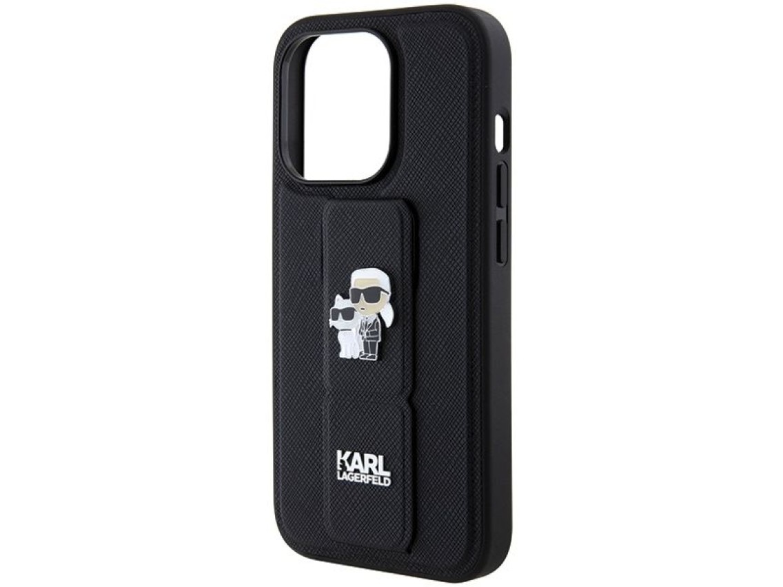 Karl Lagerfeld Gripstand Saffiano Karl&Choupette Pins case for iPhone 14 Pro - black