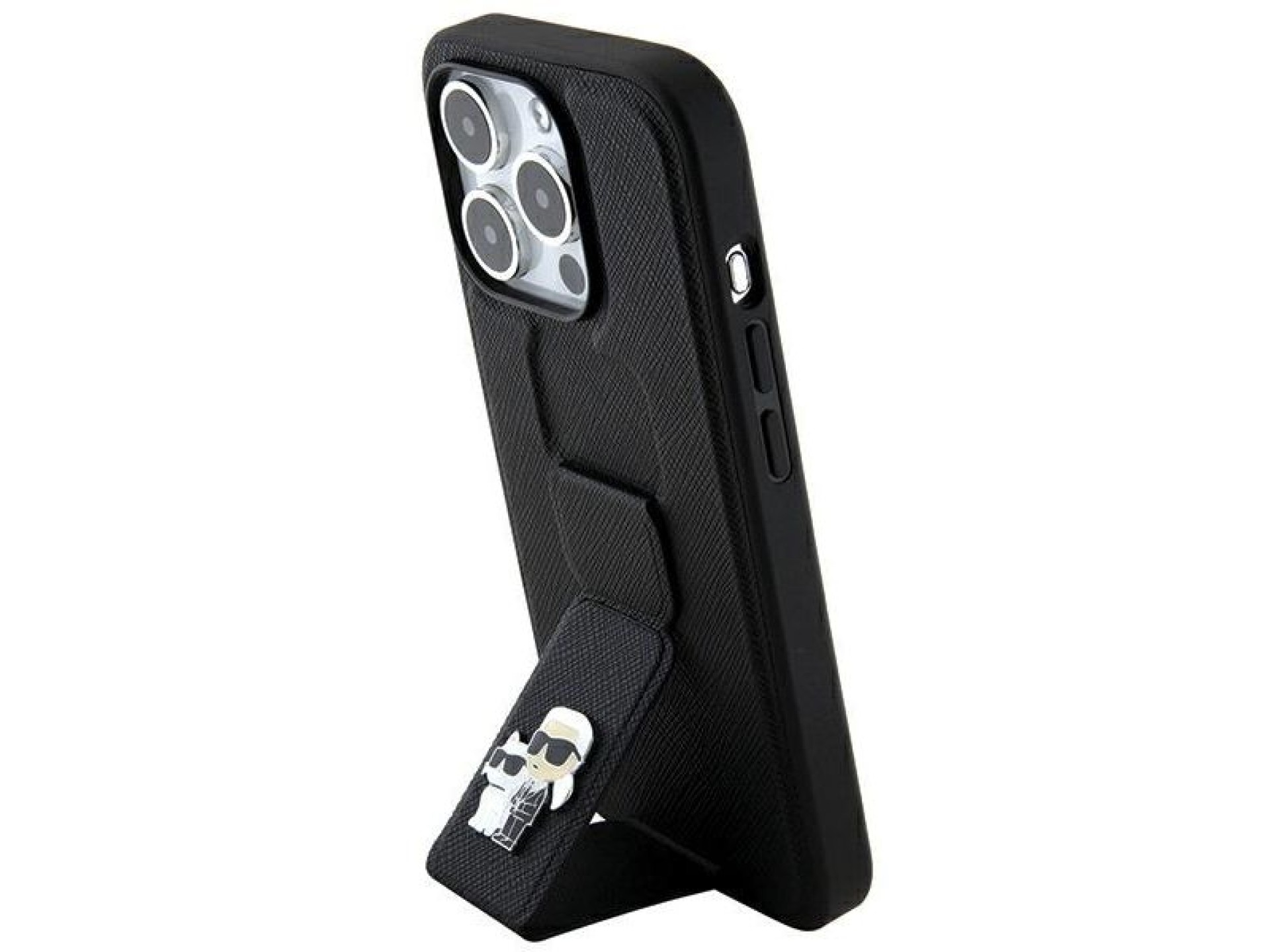 Karl Lagerfeld Gripstand Saffiano Karl&Choupette Pins case for iPhone 14 Pro - black