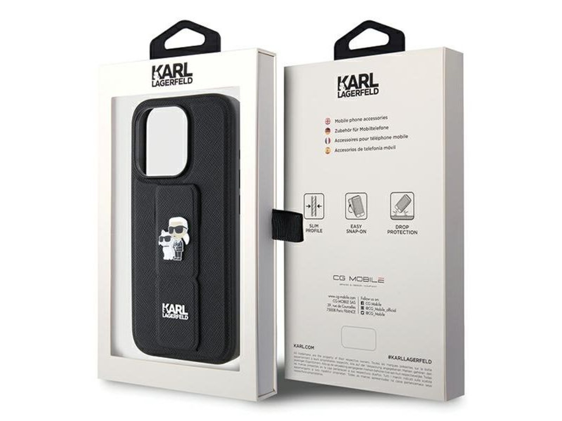 Karl Lagerfeld Gripstand Saffiano Karl&Choupette Pins case for iPhone 14 Pro - black
